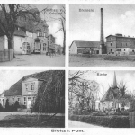 Brojce, gospoda i sklep kolonialny, gorzelnia, plebania, ko&sacute;ci&oacute;&lstrok;; karta pocztowa1931 rok.