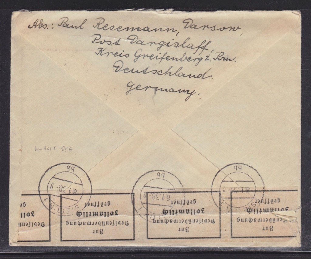 Koperta (rewers) listu wys&lstrok;anego z Dargos&lstrok;awia w 1938 roku do odbiorcy w USA.